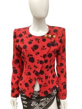 VTG Constance Saunders Blazer Women’s SZ 2 Flower Print Lined Gold Buttons Red